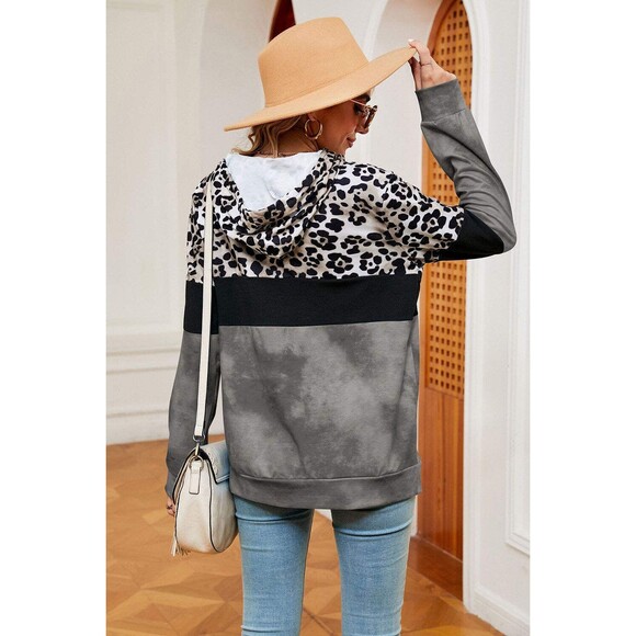 Women's Charcoal Leopard Drawstring Hoodie with Pocket size Large - Picture 2 of 5